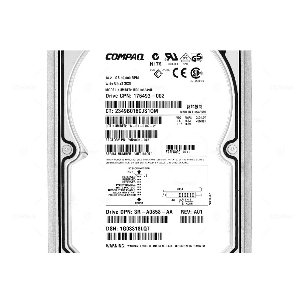 176493-002 HP HARD DRIVE 18.2GB 10K U3 SCSI 3.5 LFF HOT-SWAP -